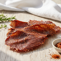 Ram's Red Magic Beef Jerky lifestyle photo on rustic wooden surface with natural light and fresh herbs