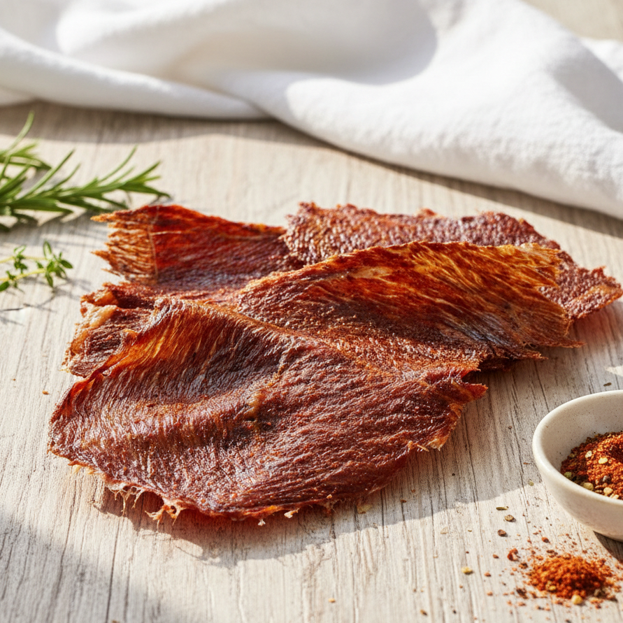 Ram's Red Magic Beef Jerky lifestyle photo on rustic wooden surface with natural light and fresh herbs